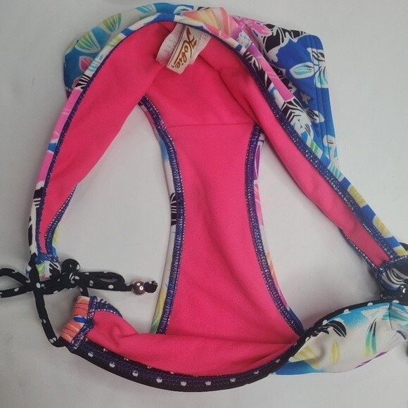 Hobie neon tropical print string bikini with zipper top large & bottom small - Picture 7 of 12
